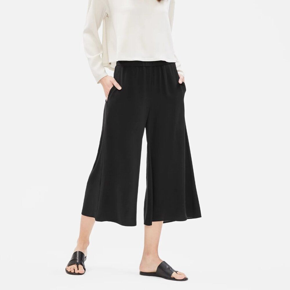 Eileen Fisher Georgette Silk Culottes Large NWOT Black Crepe